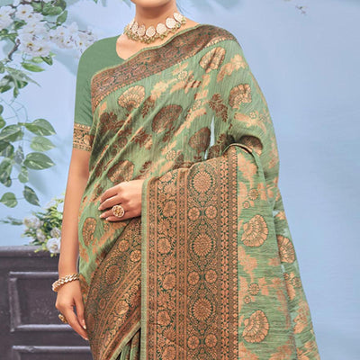 green-woven-poly-cotton-saree-with-tassels