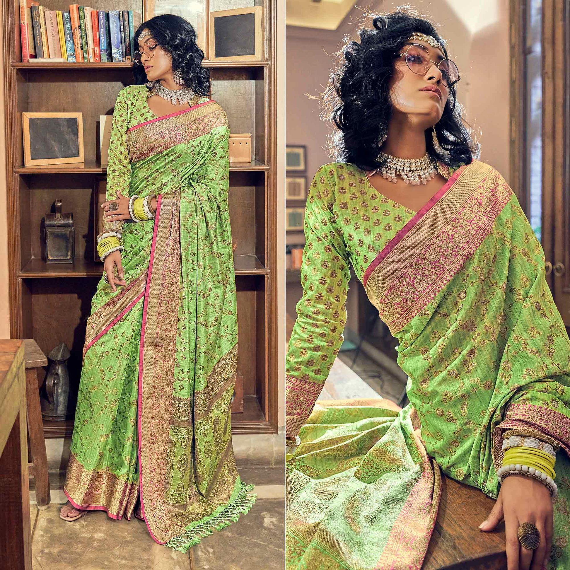 green-woven-pure-silk-saree-with-tassels-144083