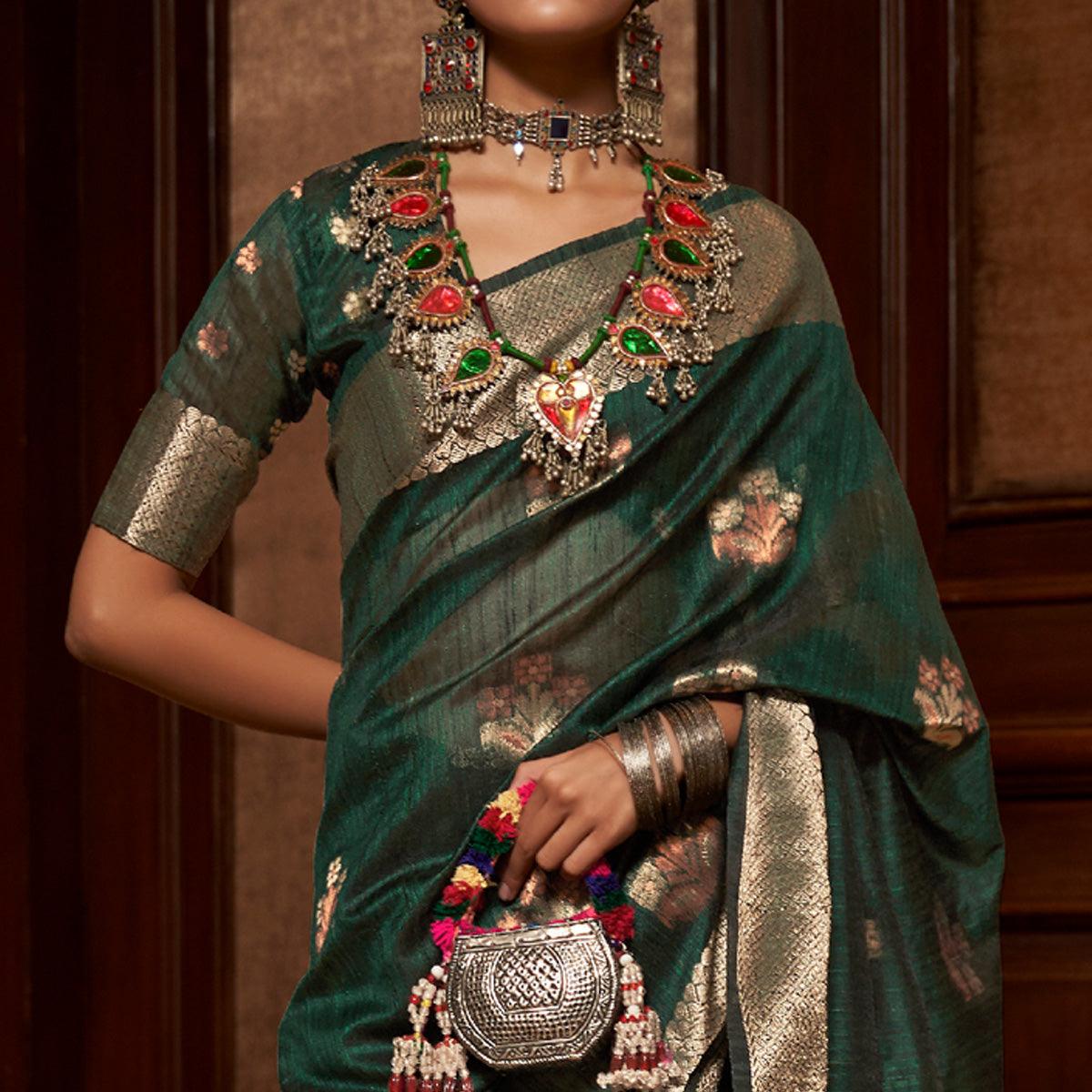 green-woven-pure-silk-saree-with-tassels