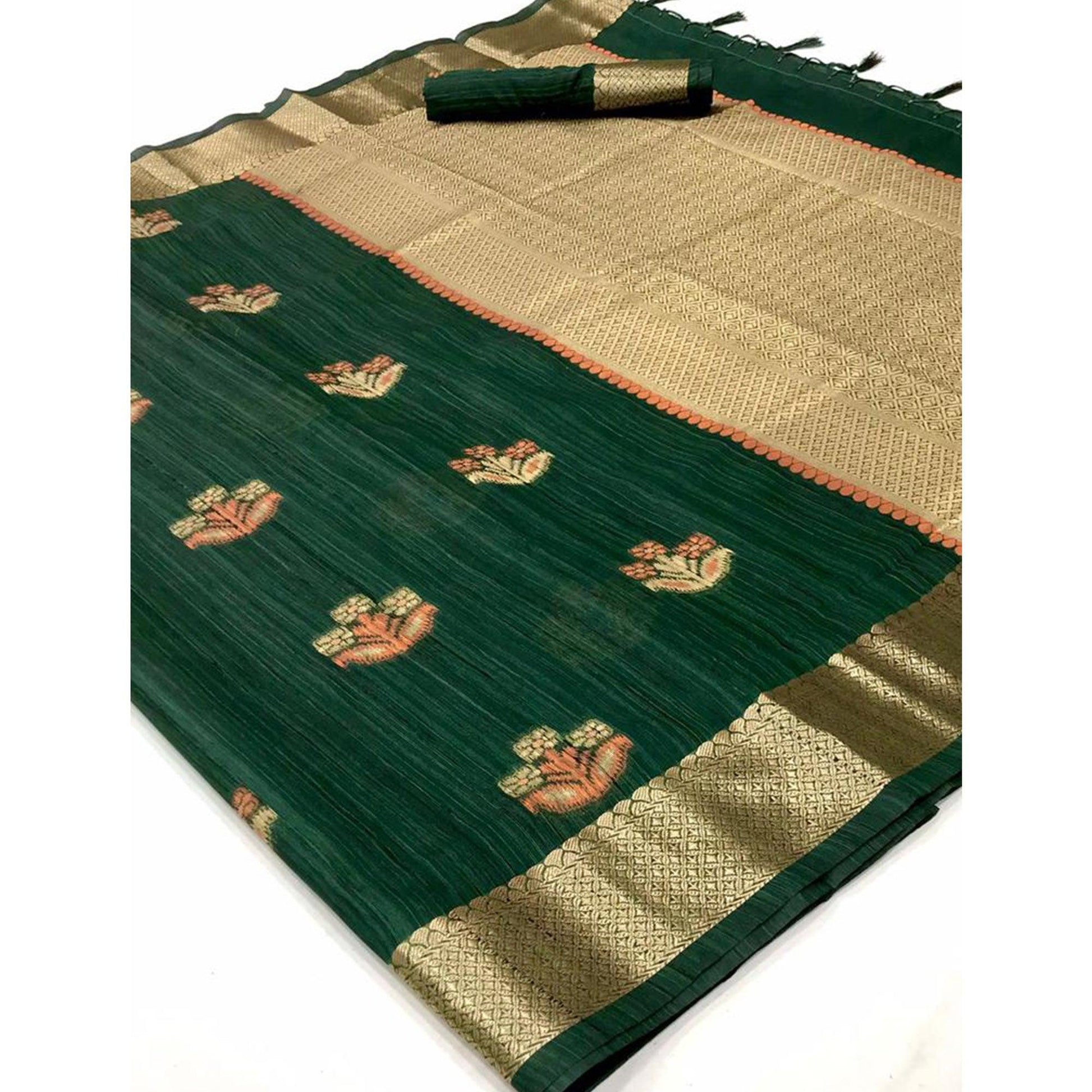green-woven-pure-silk-saree-with-tassels