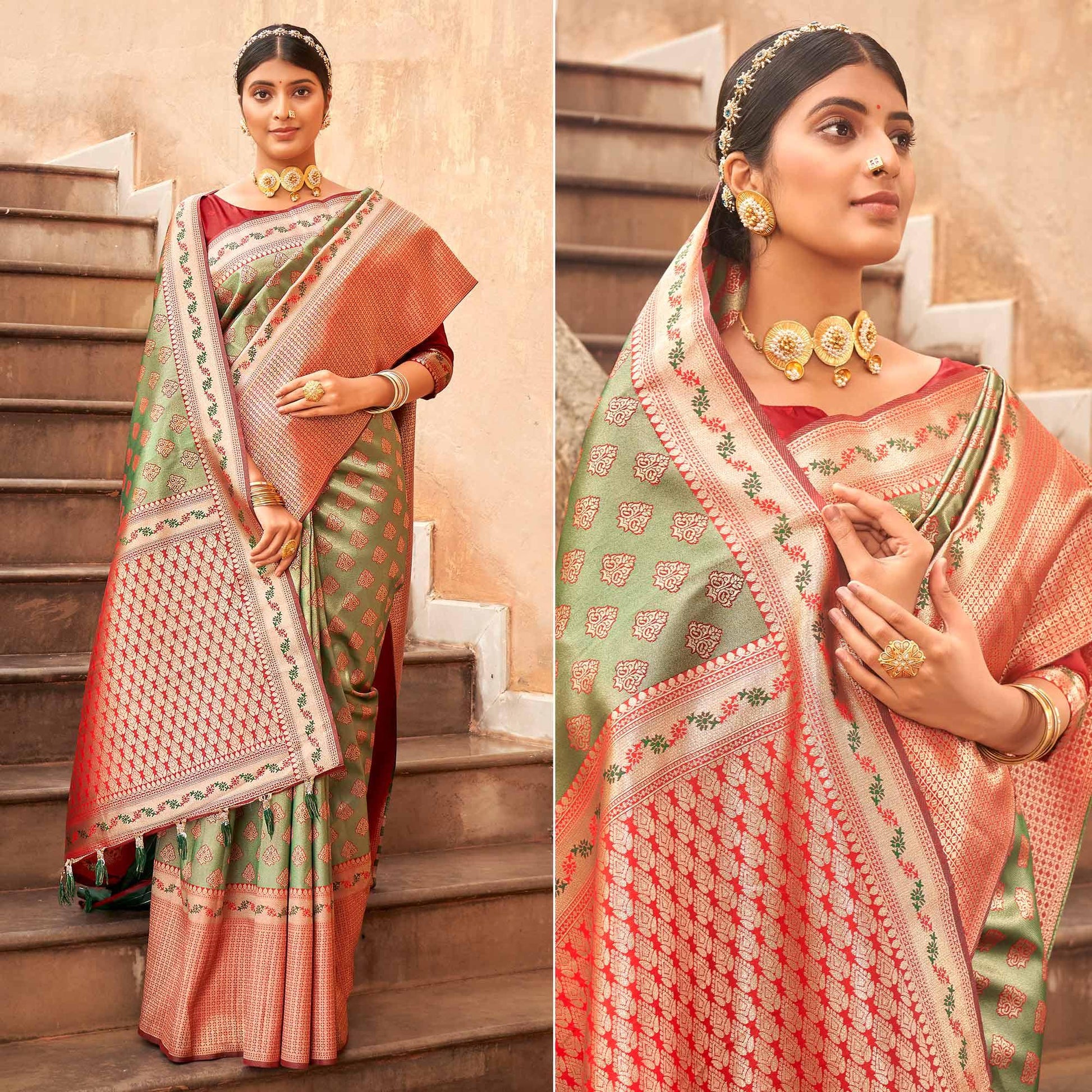 green-woven-silk-saree-with-tassels