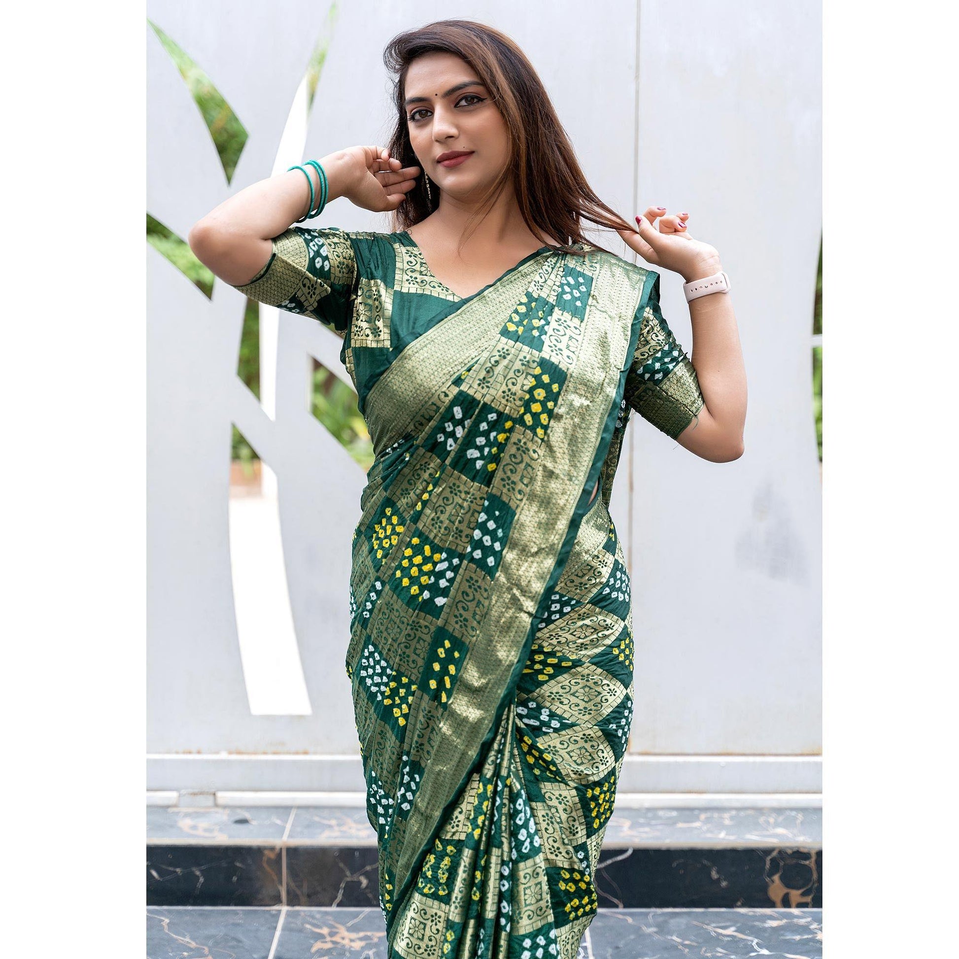 green-festive-wear-woven-with-bandhani-printed-art-silk-saree-142635