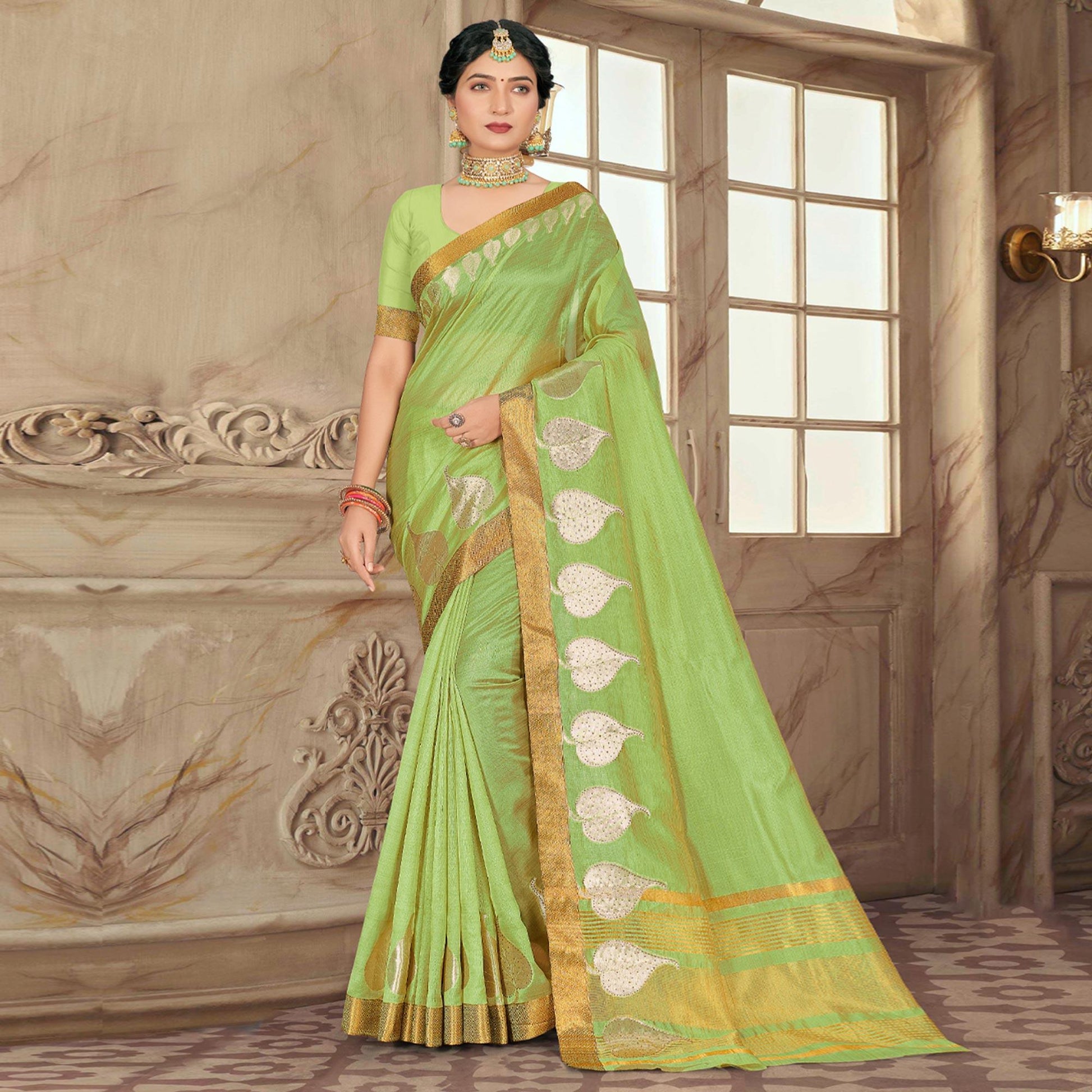 green-woven-with-embellished-poly-cotton-saree-1