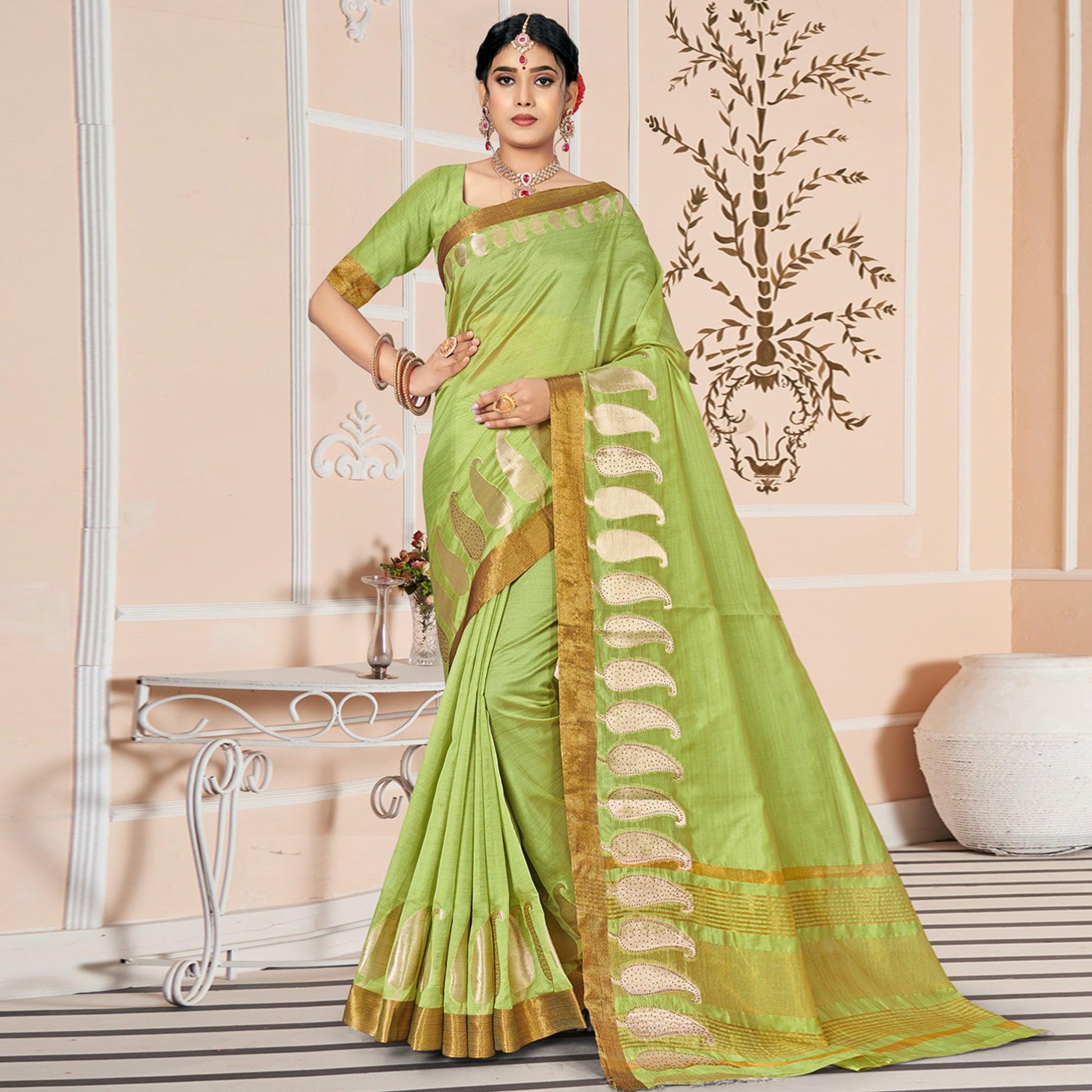 green-woven-with-embellished-poly-cotton-saree-2