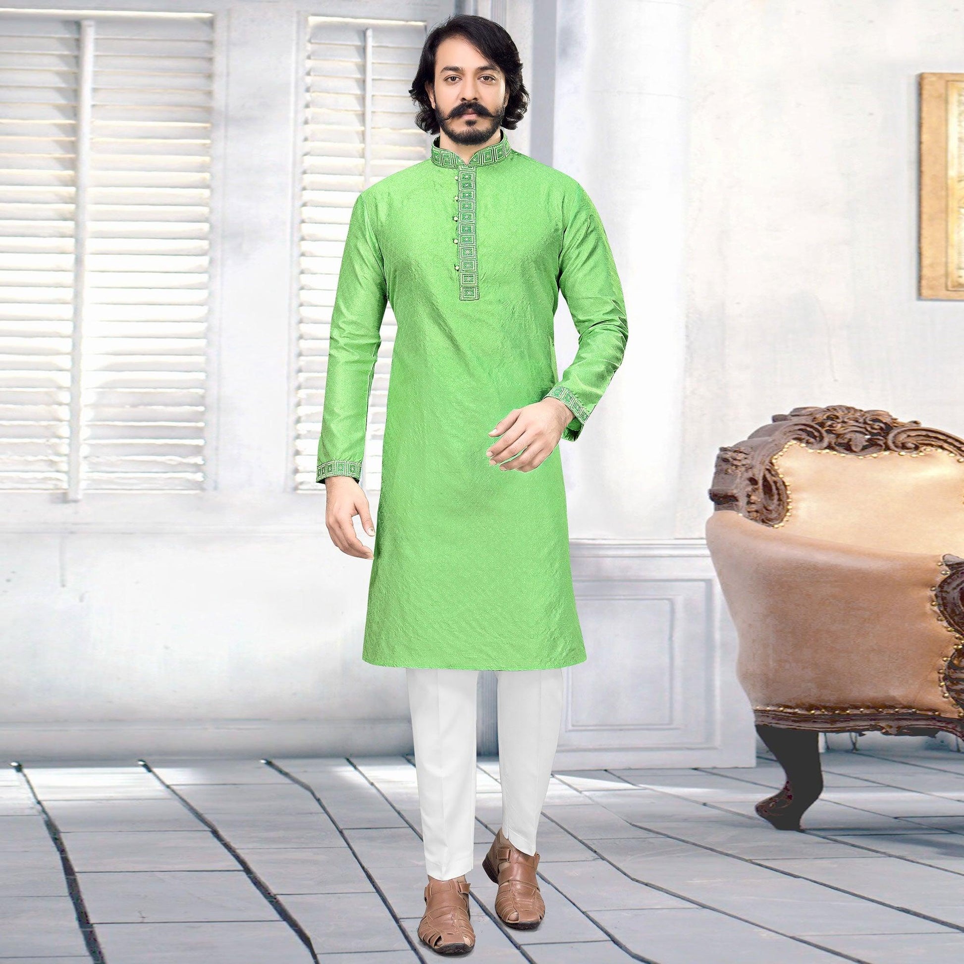 attractive-parrot-green-colored-festive-wear-embroidered-pure-silk-jacquard-menss-kurta-pyjama-set-85058