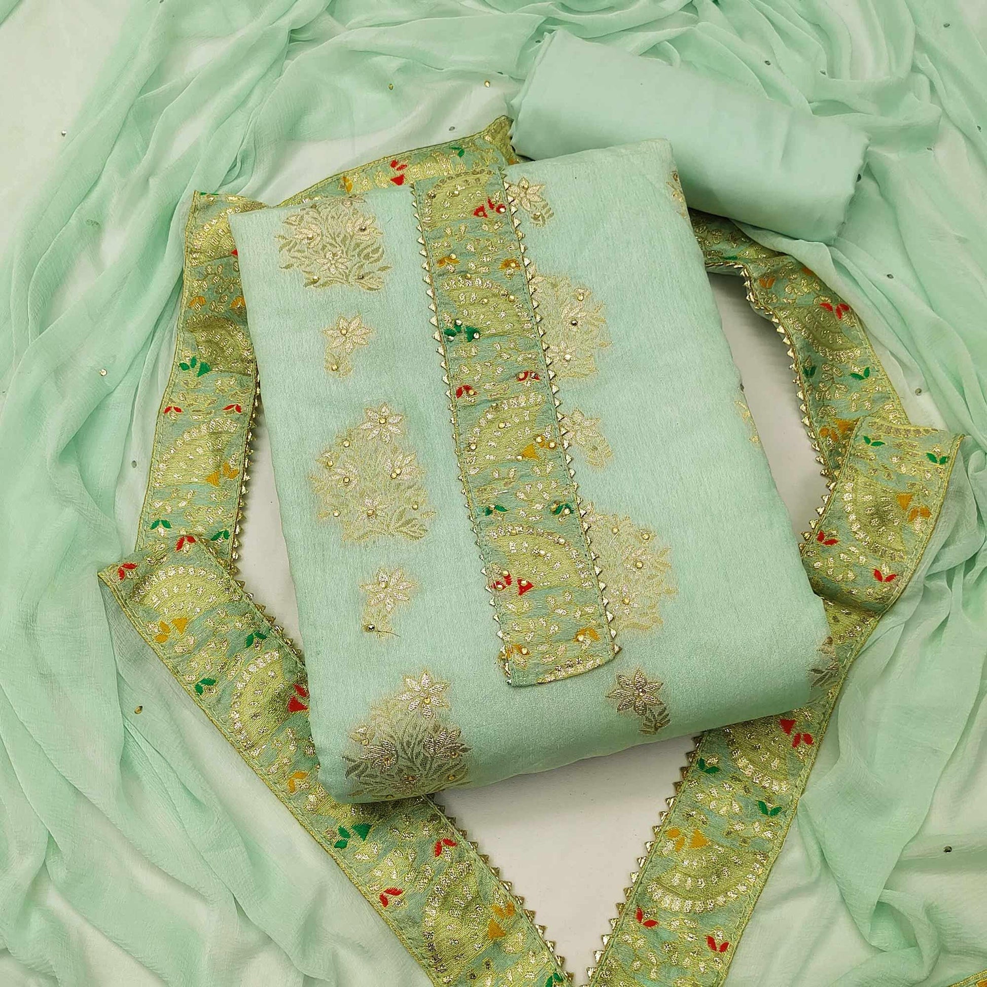 green-woven-with-embroidered-jacquard-dress-material