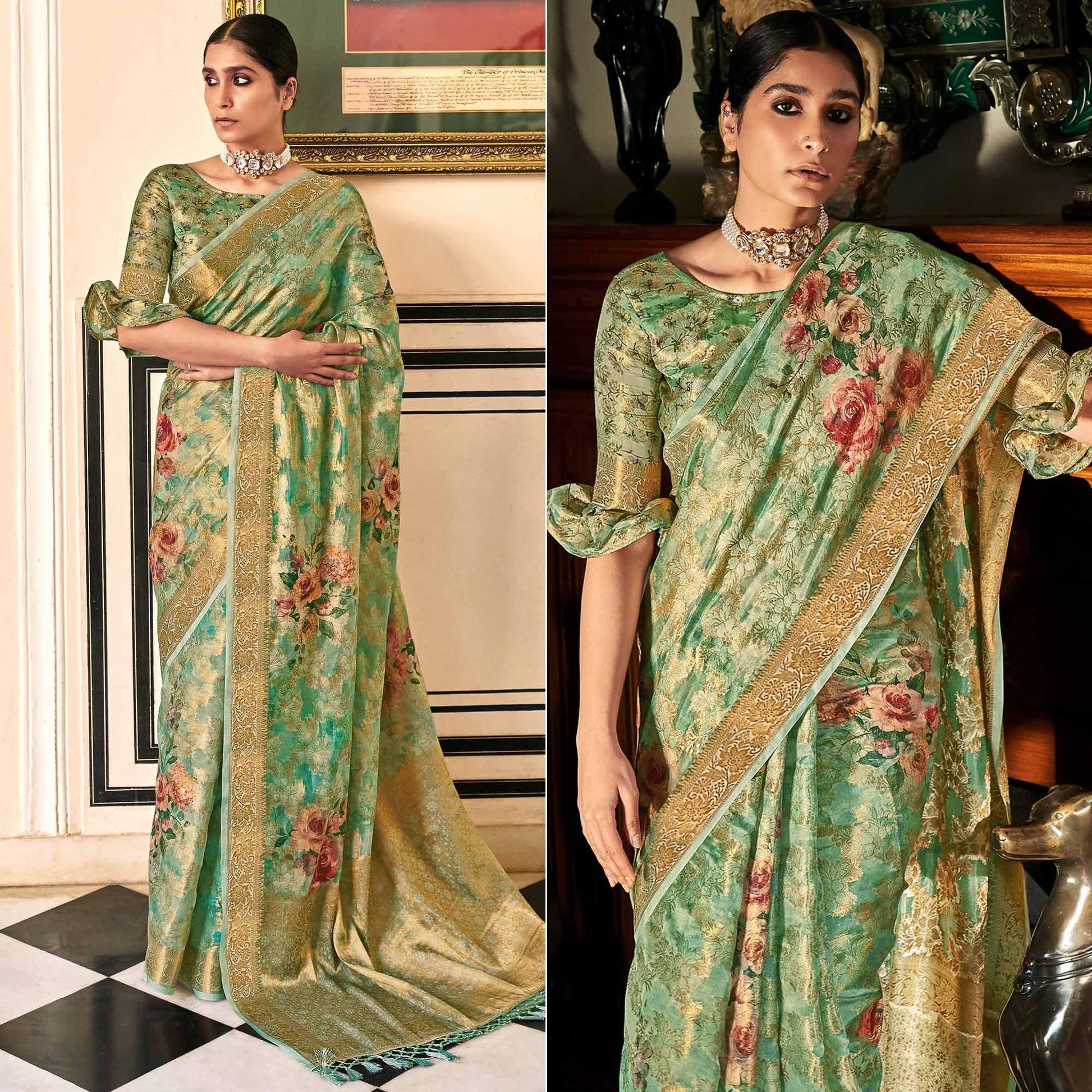 green-woven-with-printed-cotton-silk-saree-with-tassels-144206