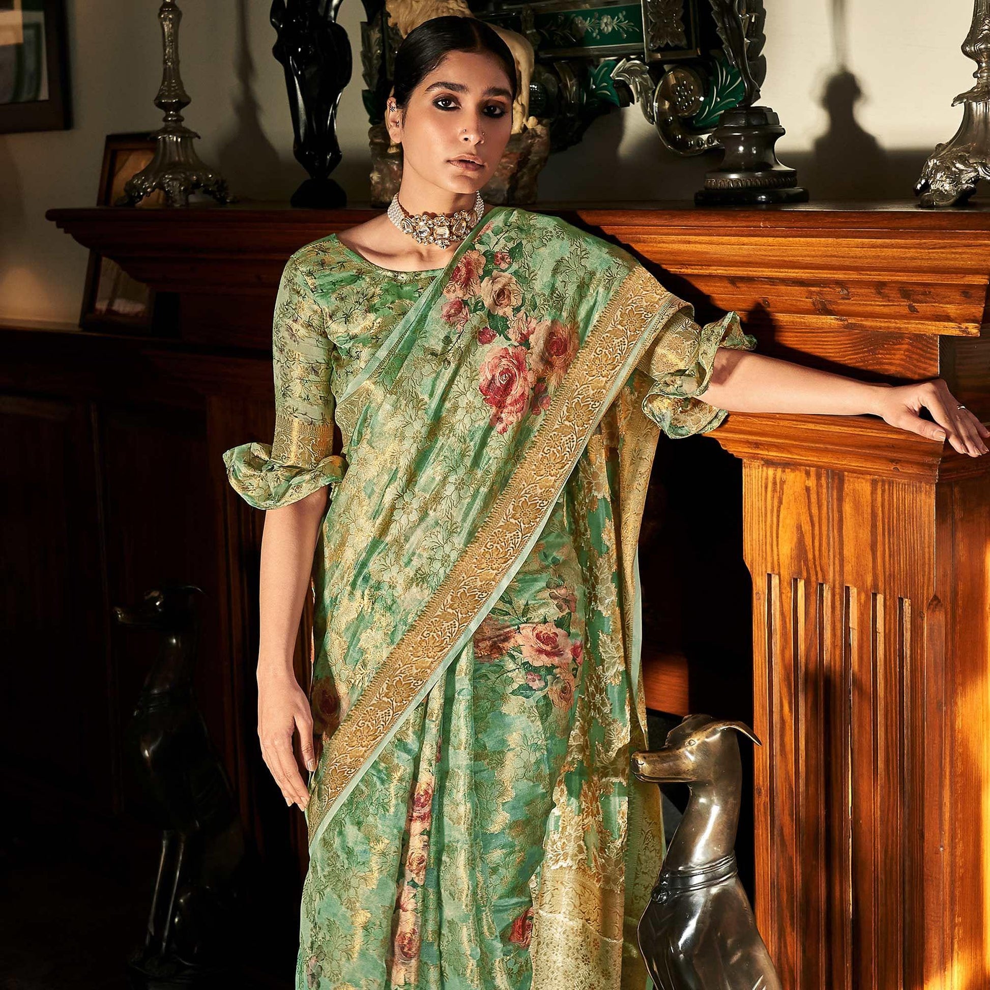 green-woven-with-printed-cotton-silk-saree-with-tassels-144206