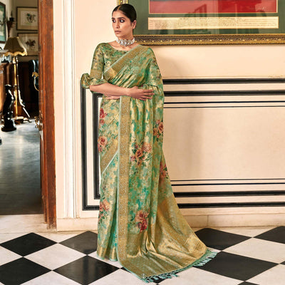 green-woven-with-printed-cotton-silk-saree-with-tassels-144206