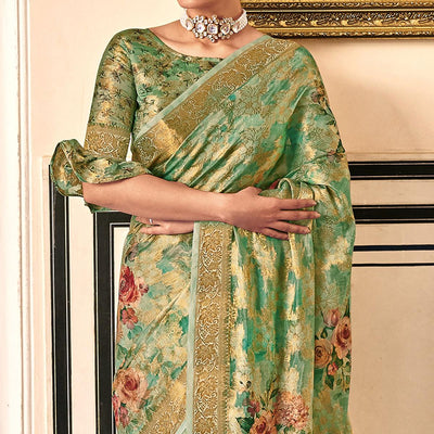 green-woven-with-printed-cotton-silk-saree-with-tassels-144206