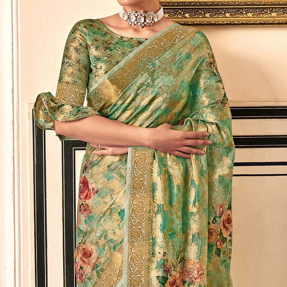 green-woven-with-printed-cotton-silk-saree-with-tassels-144206