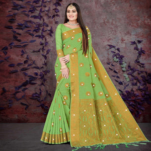 green-woven-with-swarovski-cotton-silk-saree-143770