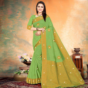 green-woven-with-swarovski-cotton-silk-saree-143775