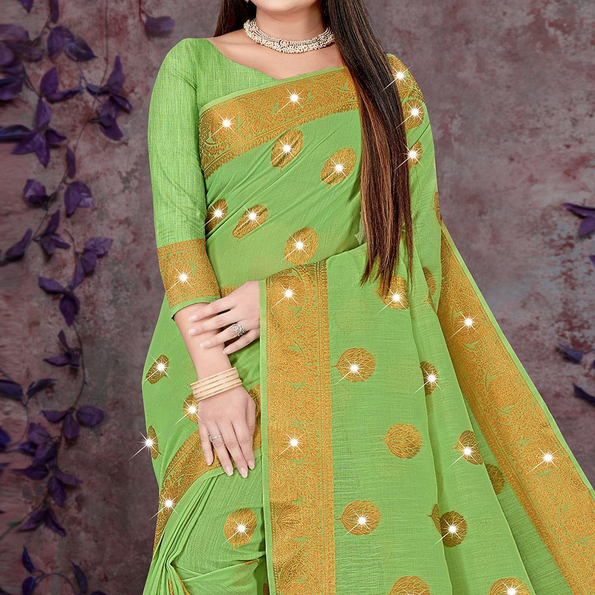 green-woven-with-swarovski-cotton-silk-saree-143770