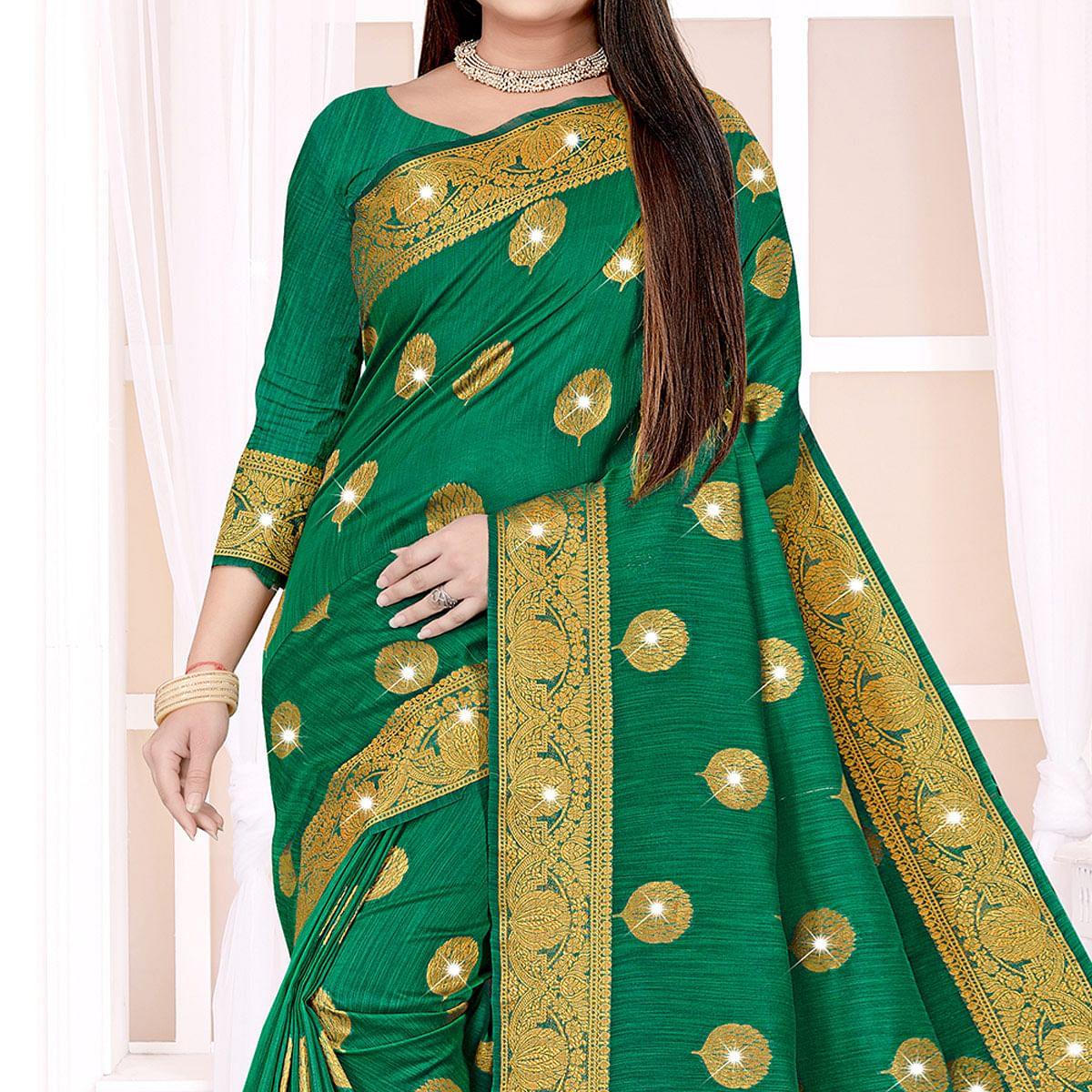 green-woven-with-swarovski-cotton-silk-saree-143763
