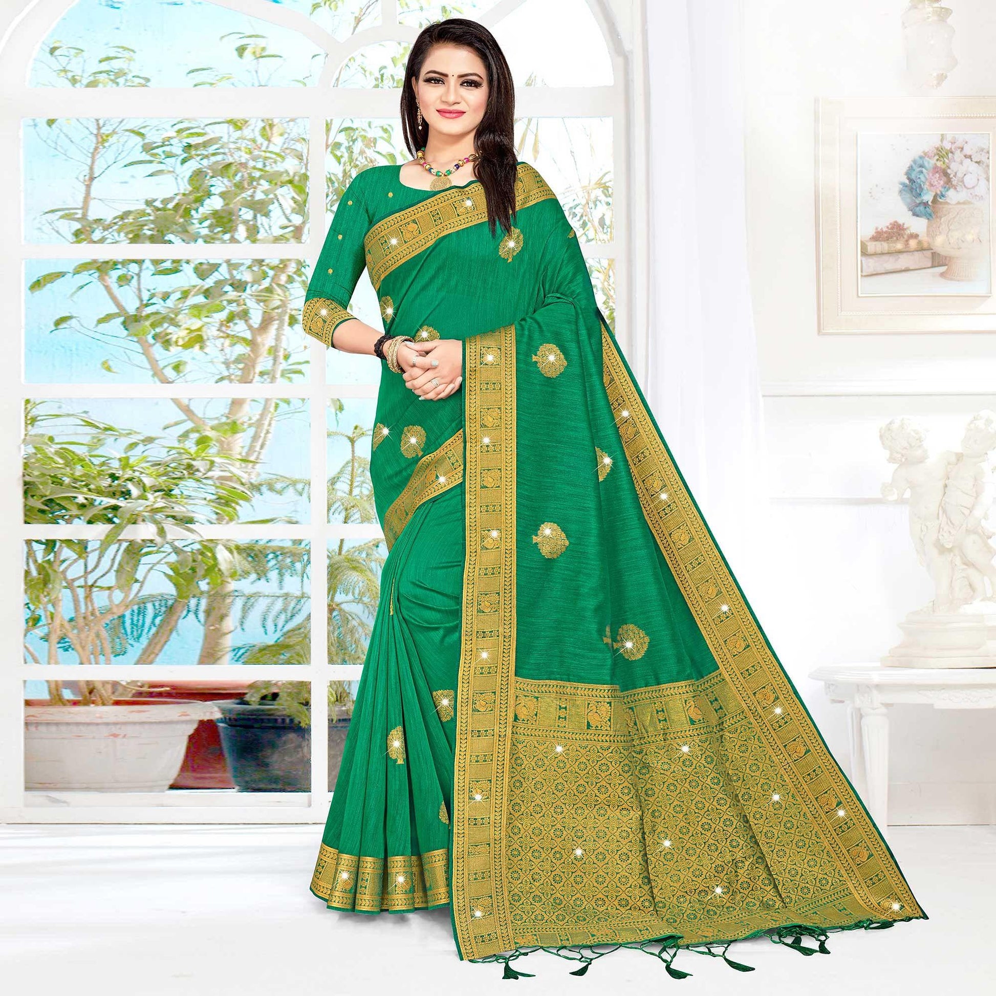 green-woven-with-swarovski-cotton-silk-saree-with-tassels-143754