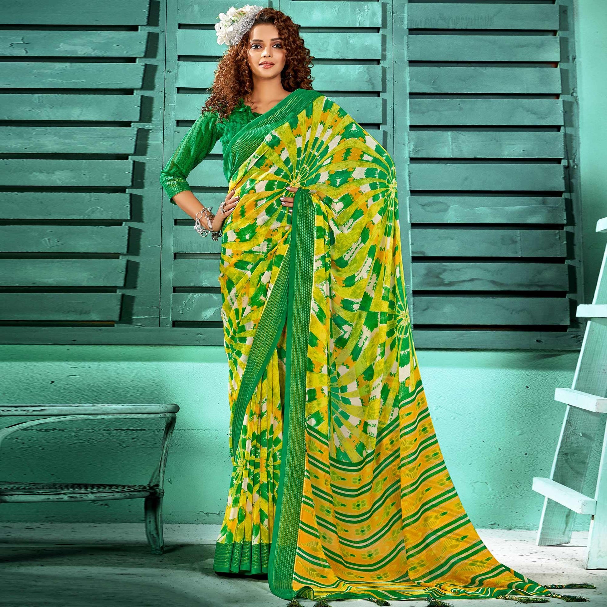 green-yellow-casual-wear-printed-pure-georgette-saree-with-border-122087