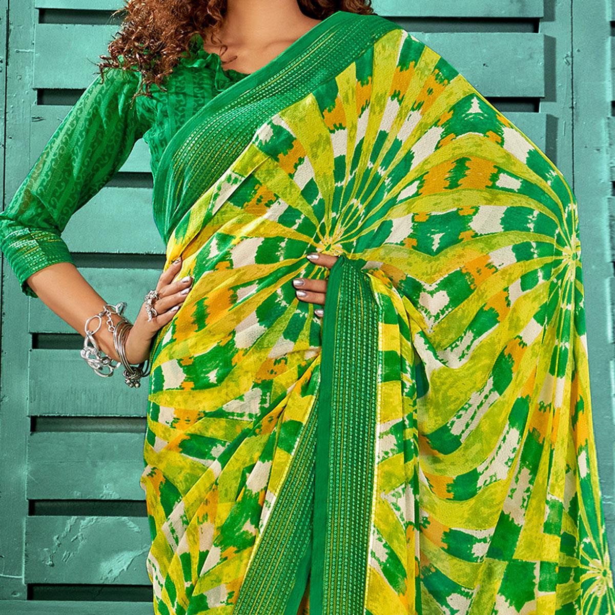 green-yellow-casual-wear-printed-pure-georgette-saree-with-border-122087