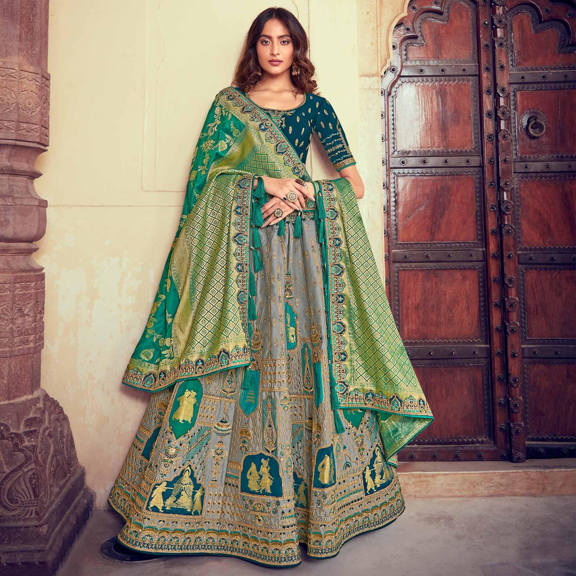 grey-green-wedding-wear-woven-embroidered-silk-lehenga-choli-126751