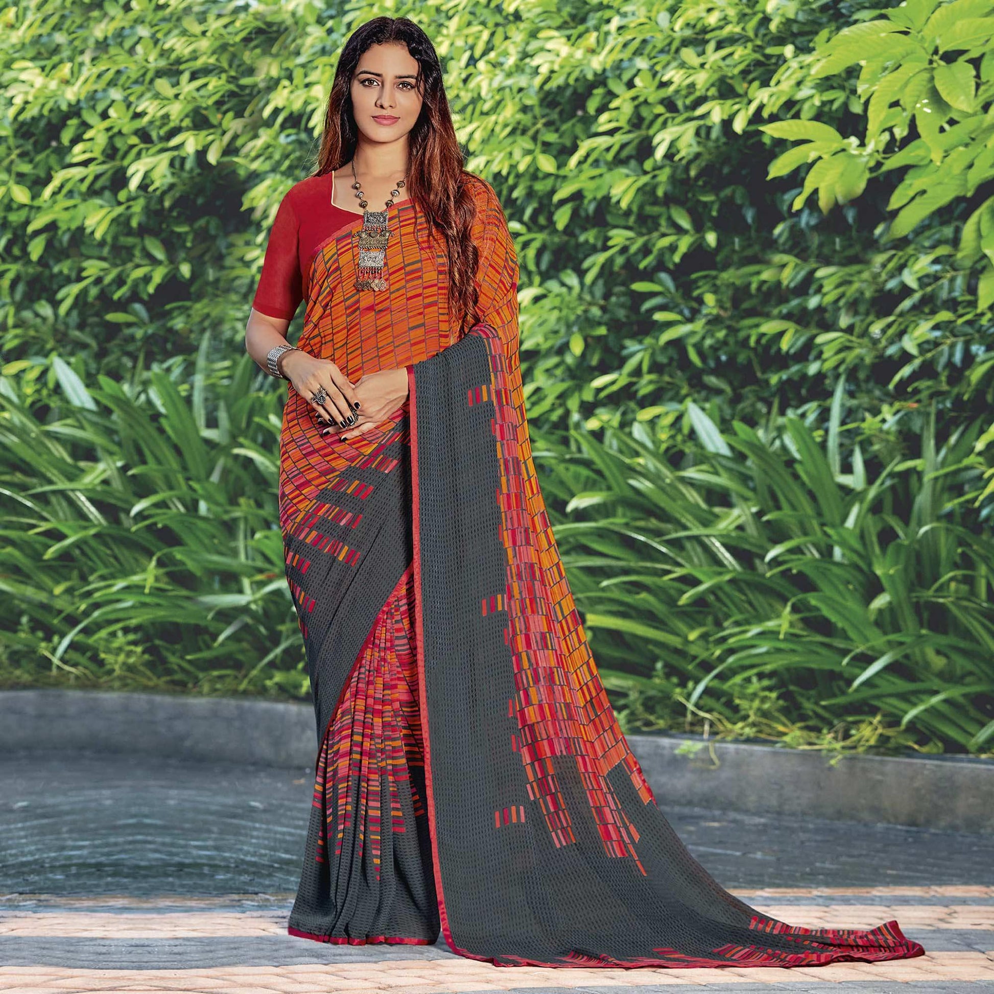 grey-multicolored-casual-wear-checks-printed-georgette-saree-134384
