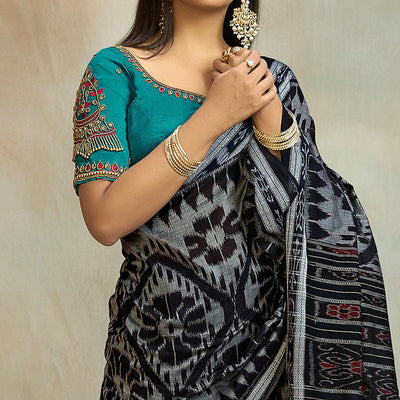 Grey-Black Casual Wear Ikkat Printed Mul Mul Cotton Saree
