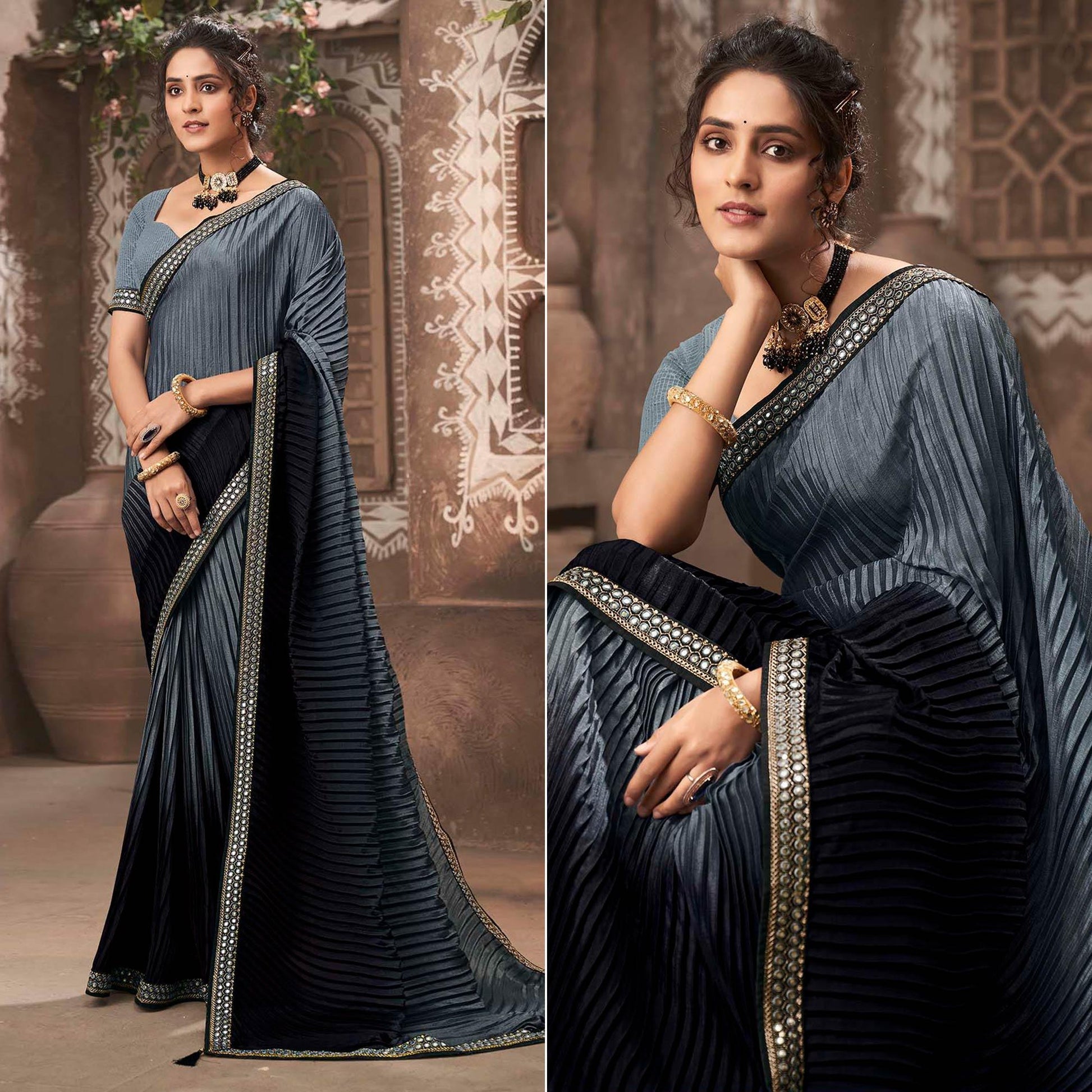 Grey-Black Partywear Crushed Chiffon Saree with Fancy Lace