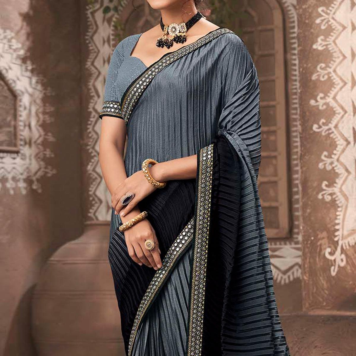Grey-Black Partywear Crushed Chiffon Saree with Fancy Lace
