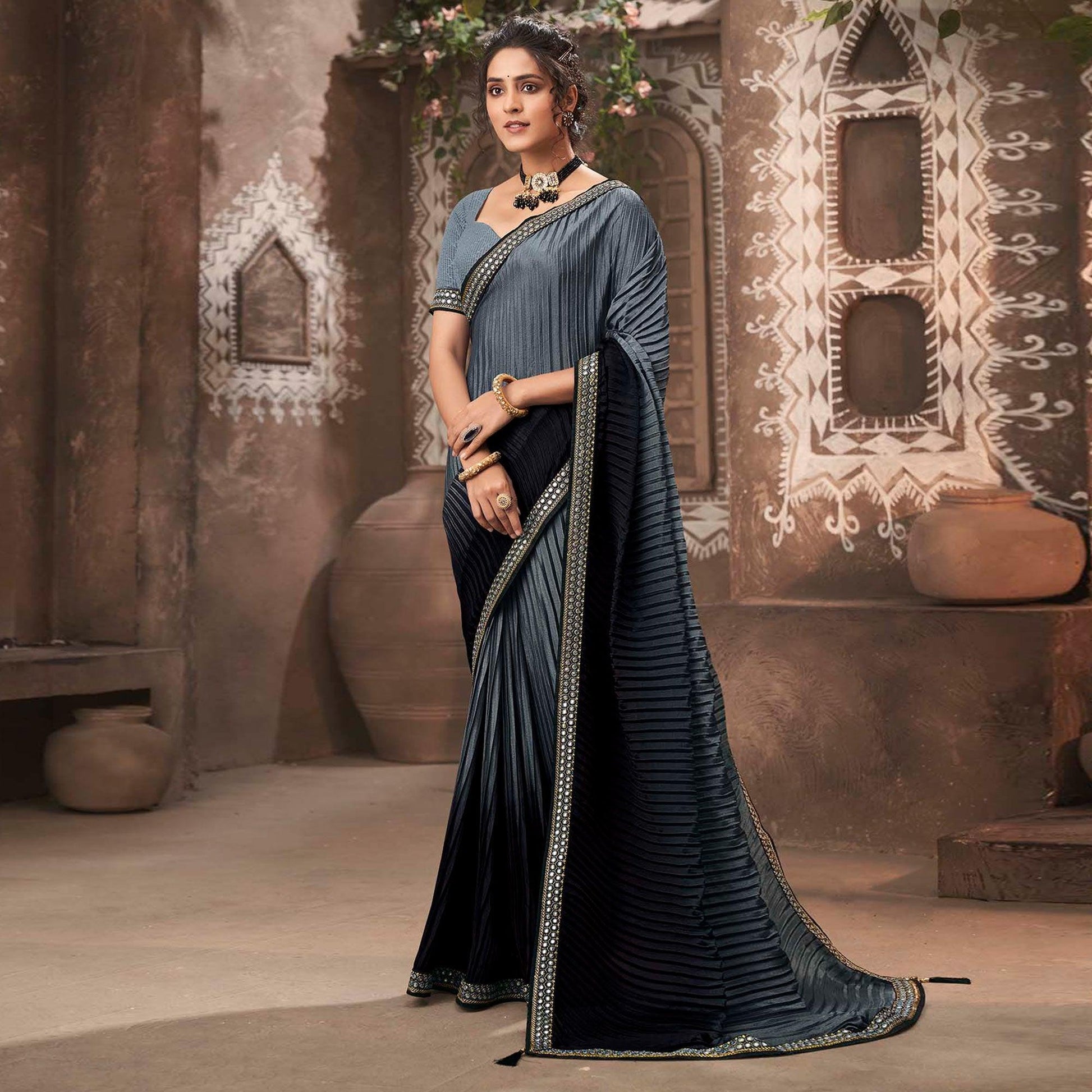 Grey-Black Partywear Crushed Chiffon Saree with Fancy Lace