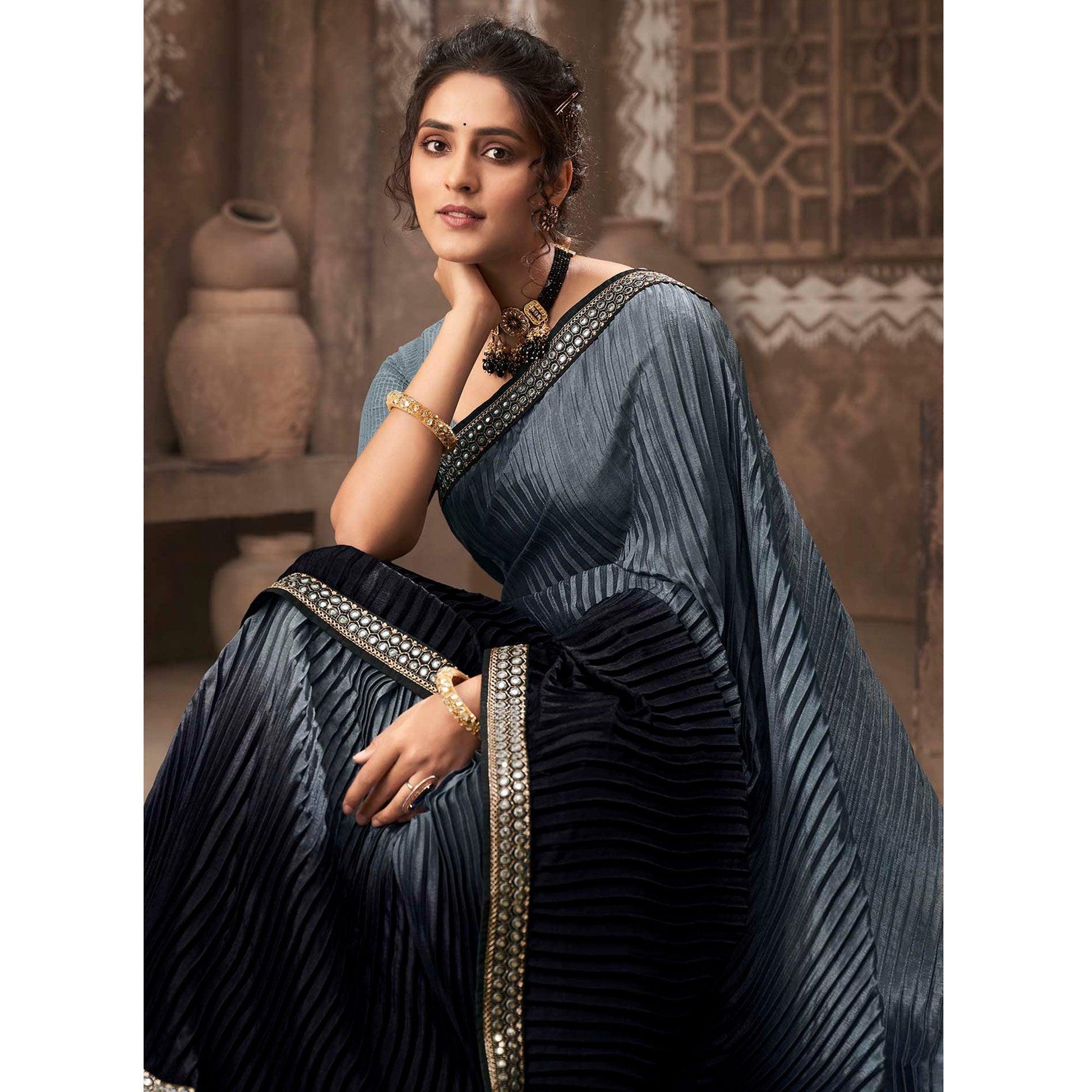Grey-Black Partywear Crushed Chiffon Saree with Fancy Lace