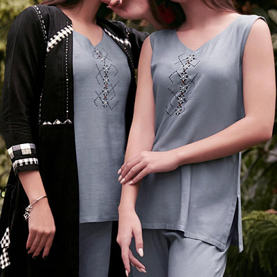 Grey-Black Partywear Embroidered Rayon Top-Bottom Set With Shrug