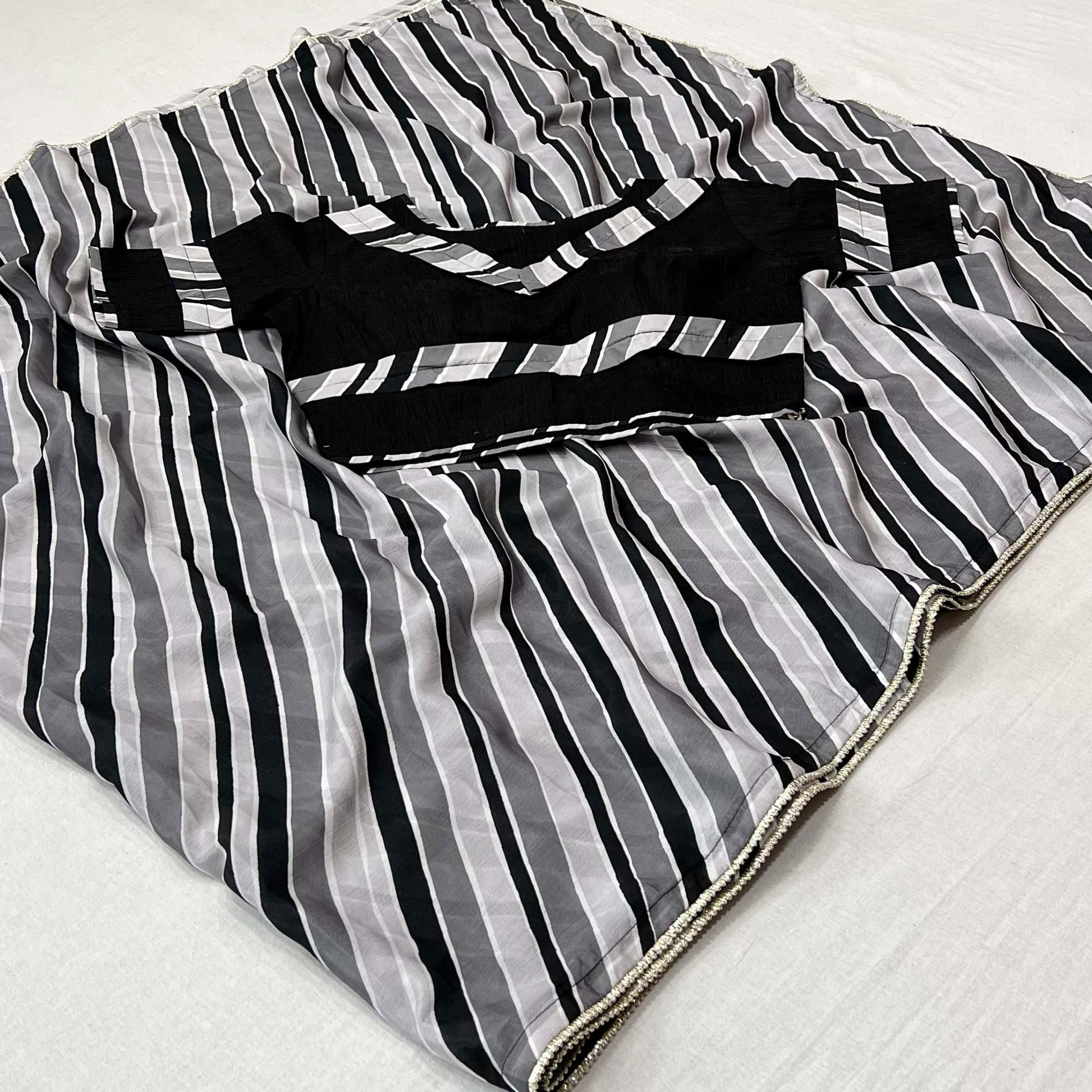 Grey-Black Printed Chiffon Saree