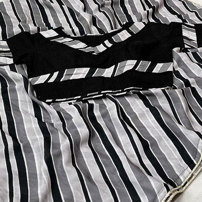 Grey-Black Printed Chiffon Saree