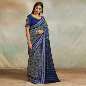 Grey-Blue Casual Wear Ikkat Printed Mul Mul Cotton Saree