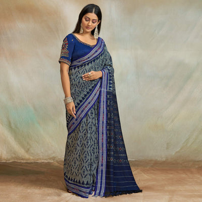 Grey-Blue Casual Wear Ikkat Printed Mul Mul Cotton Saree