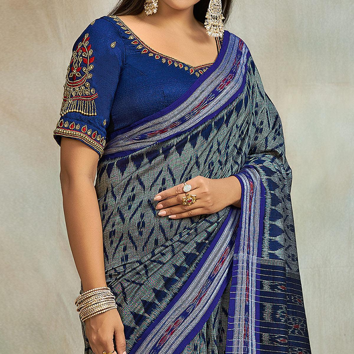 Grey-Blue Casual Wear Ikkat Printed Mul Mul Cotton Saree