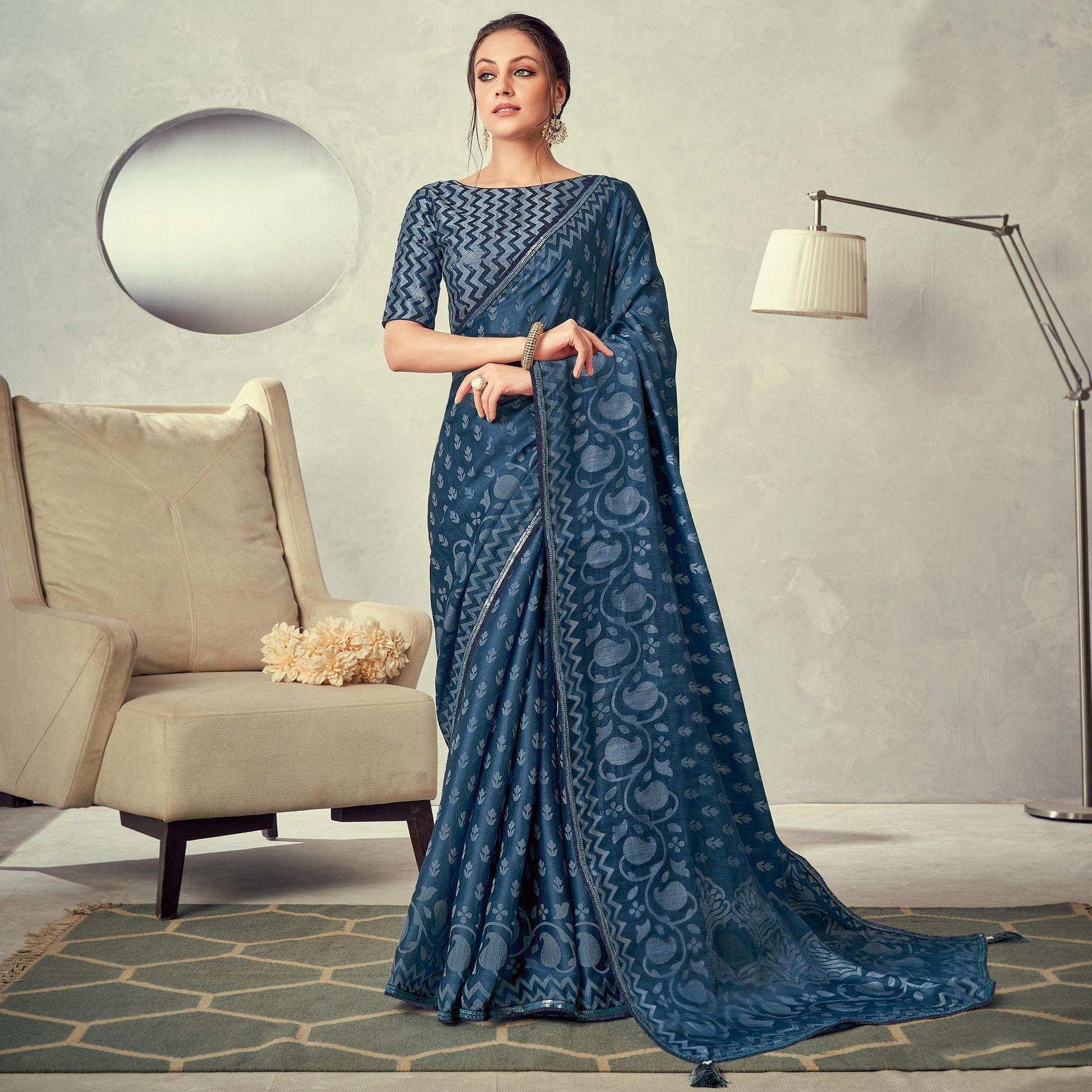 Grey-Blue Festive Wear Print With Lace Border Brasso Silk Saree