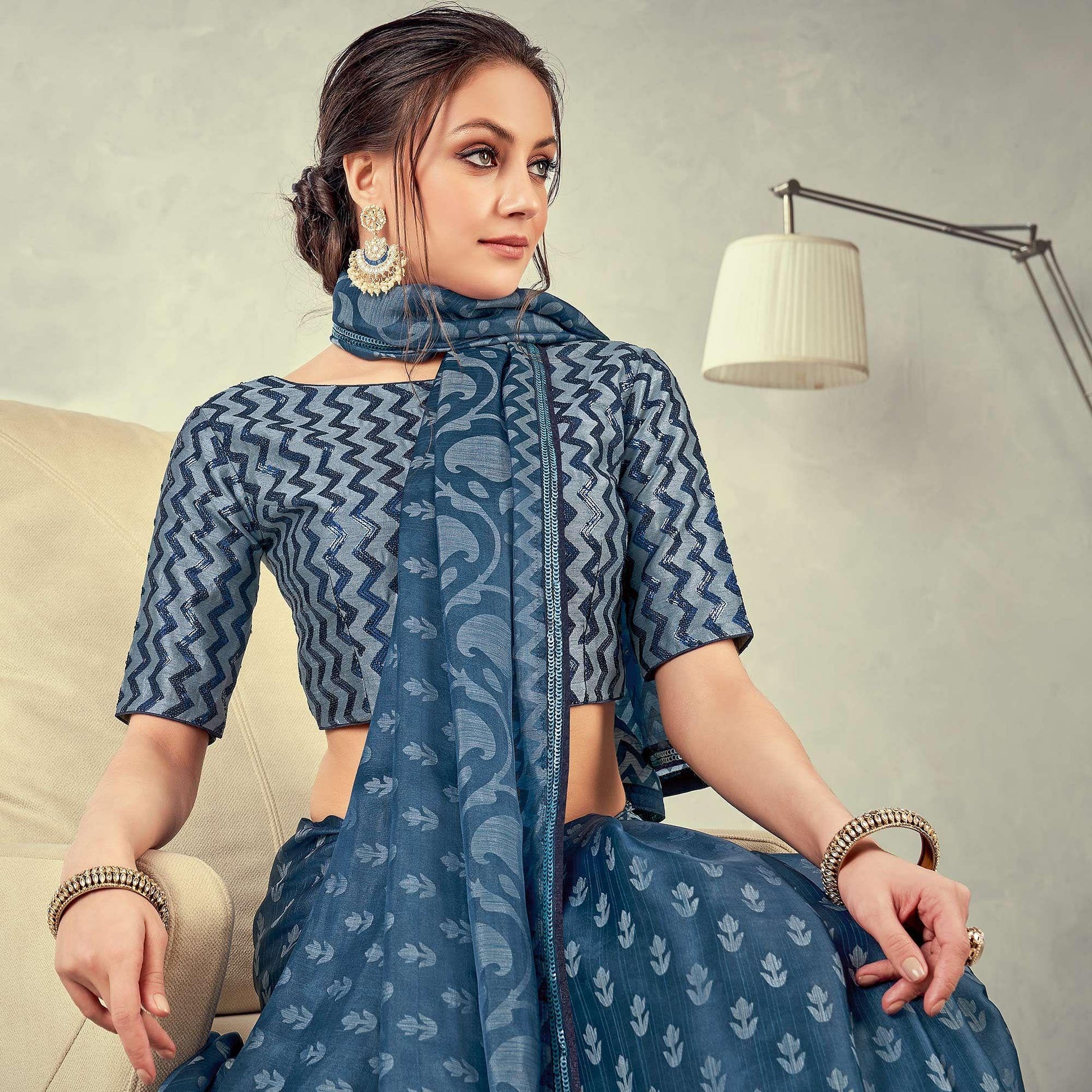 Grey-Blue Festive Wear Print With Lace Border Brasso Silk Saree