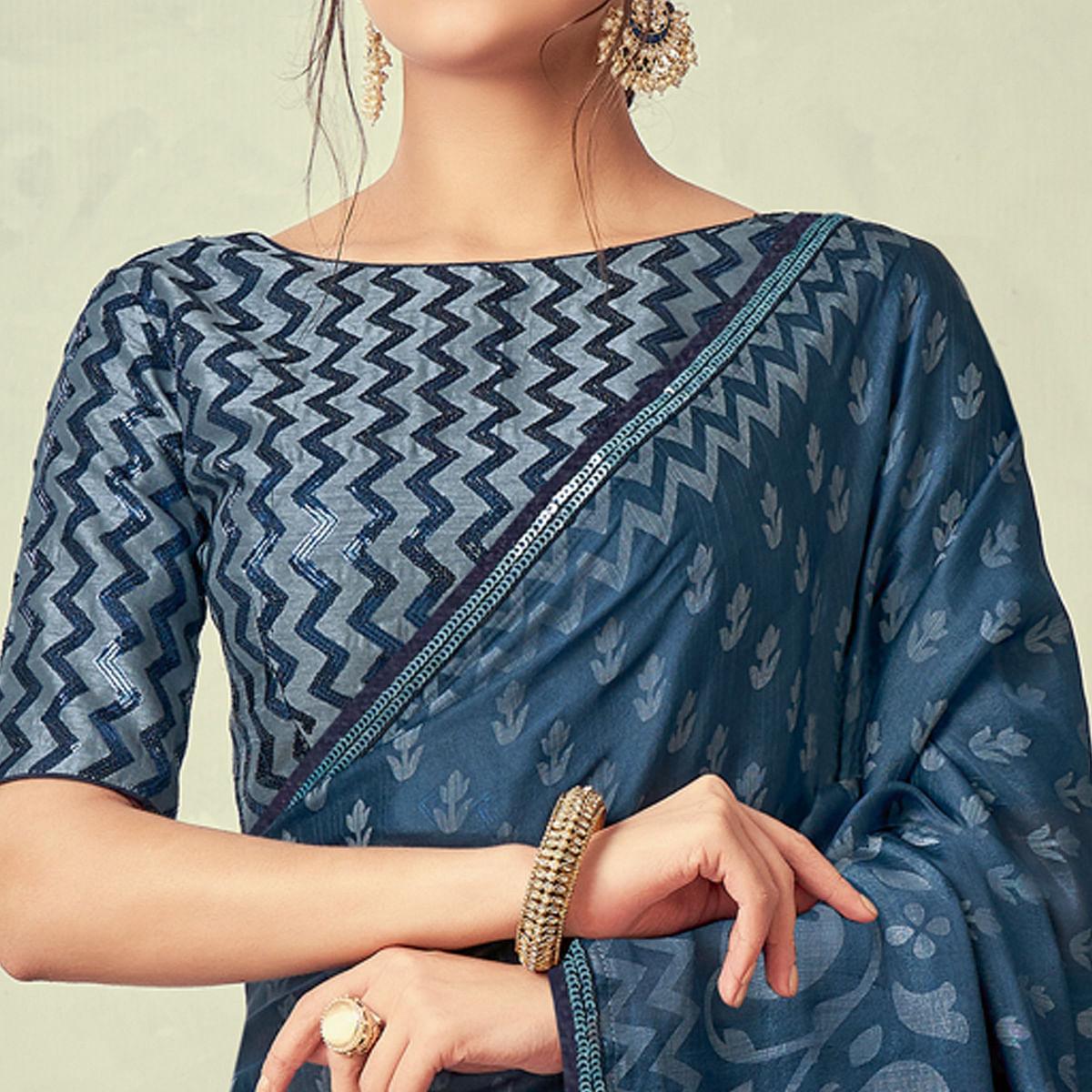 Grey-Blue Festive Wear Print With Lace Border Brasso Silk Saree