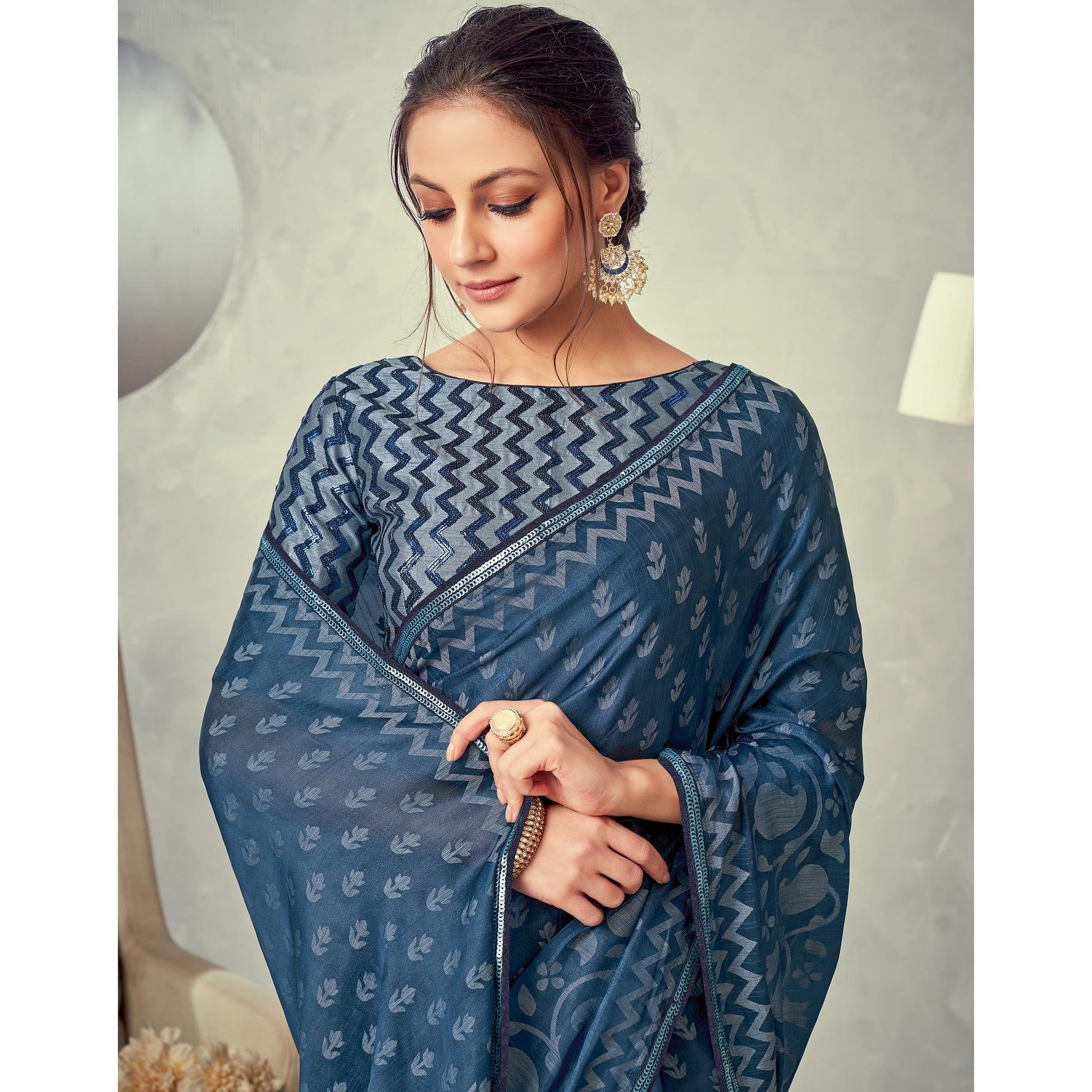 Grey-Blue Festive Wear Print With Lace Border Brasso Silk Saree
