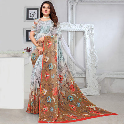 Grey-Brown Digital Printed Georgette Saree
