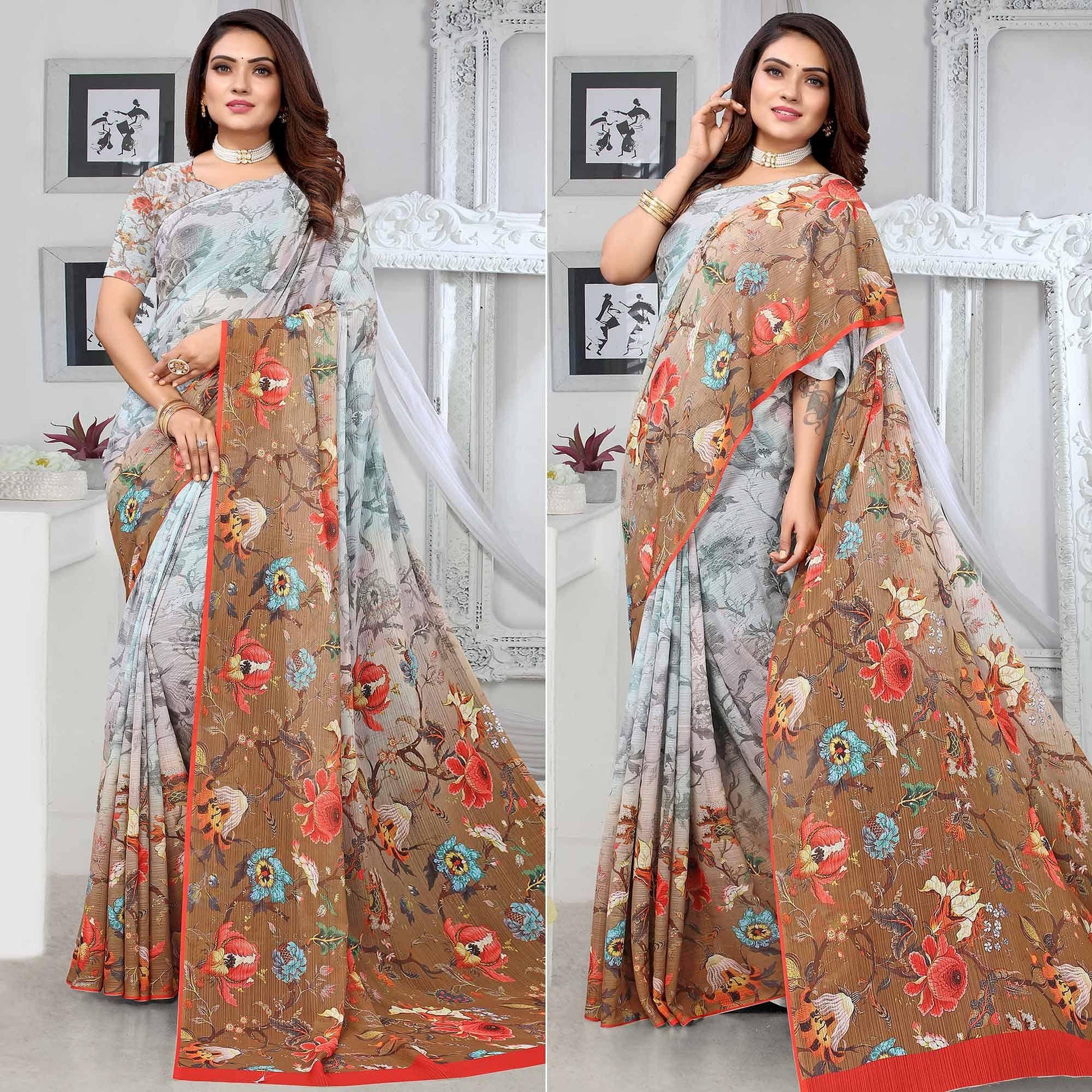 Grey-Brown Digital Printed Georgette Saree