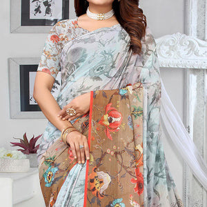 Grey-Brown Digital Printed Georgette Saree