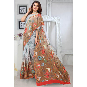 Grey-Brown Digital Printed Georgette Saree