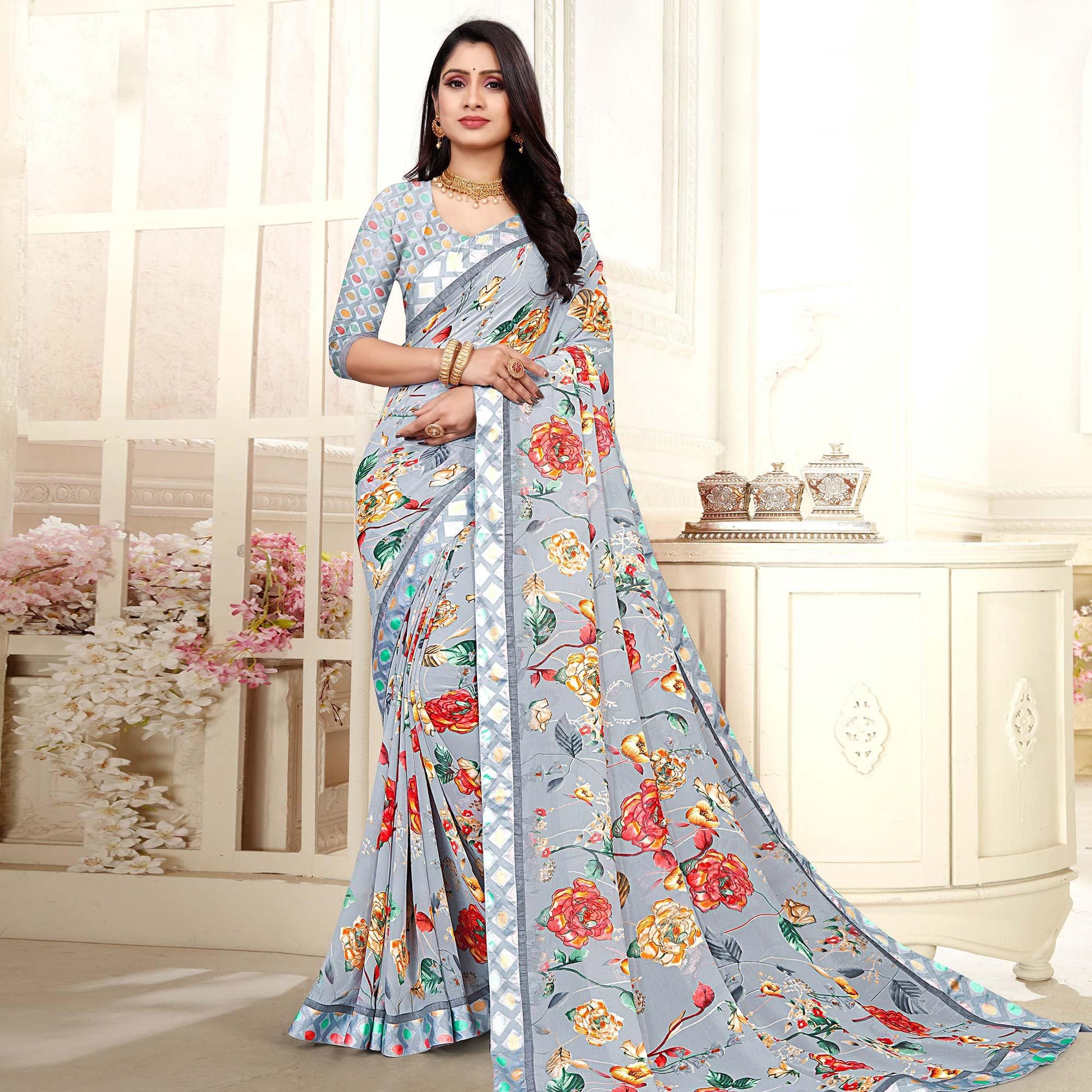 grey-casaul-wear-floral-printed-georgette-saree-with-satin-lace-130862