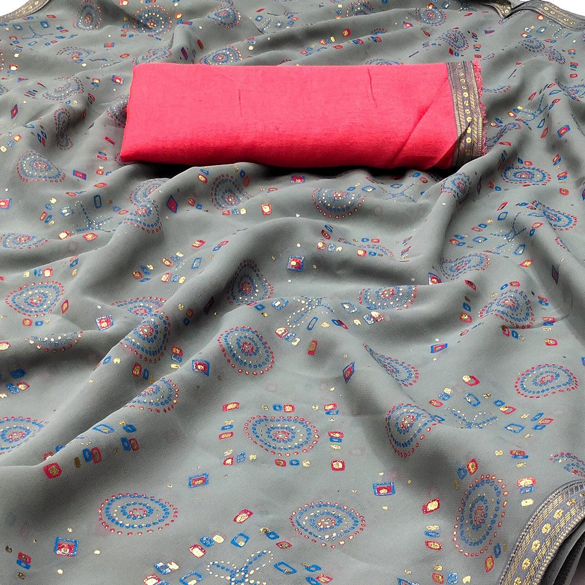 grey-casual-wear-block-printed-with-foil-work-georgette-saree-139280