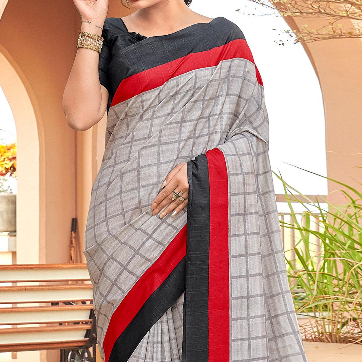 grey-casual-wear-checks-printed-bhagalpuri-silk-saree-138325