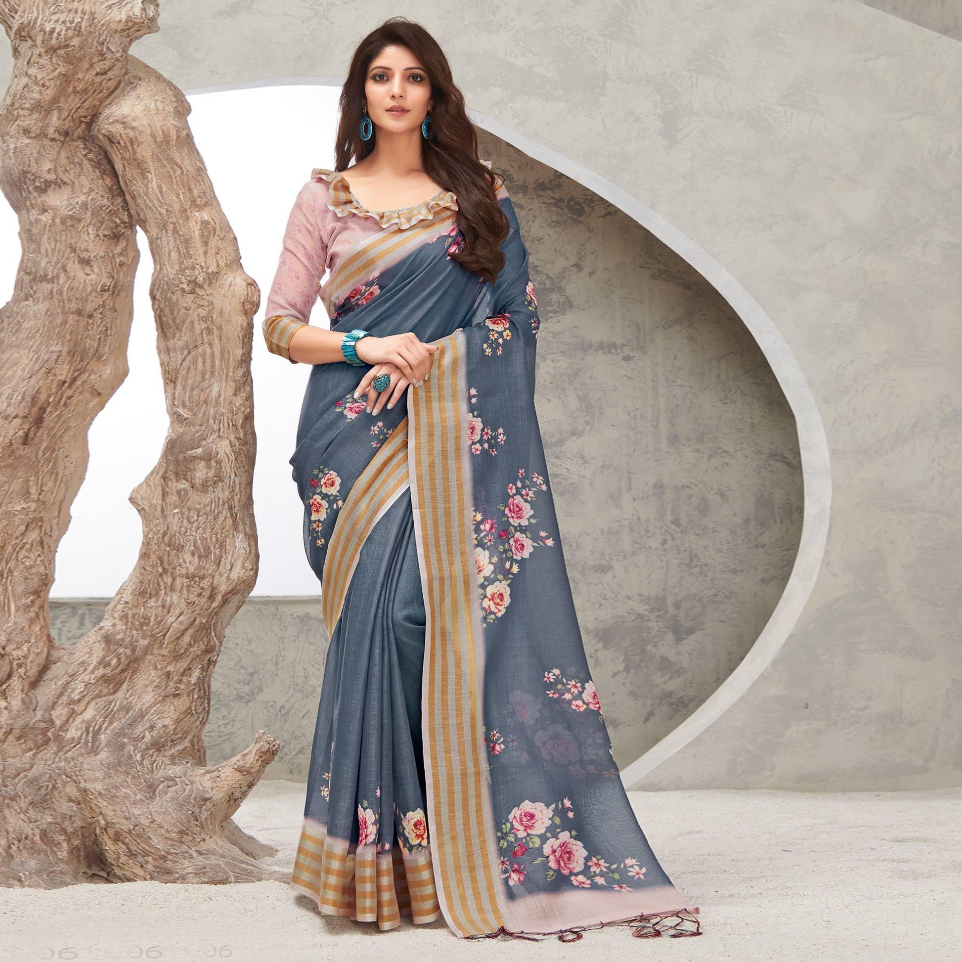 grey-casual-wear-digital-printed-pure-linen-saree-126130