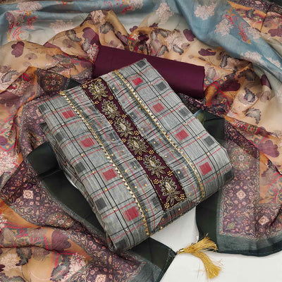 grey-casual-wear-embellished-with-checks-chanderi-dress-material-130553