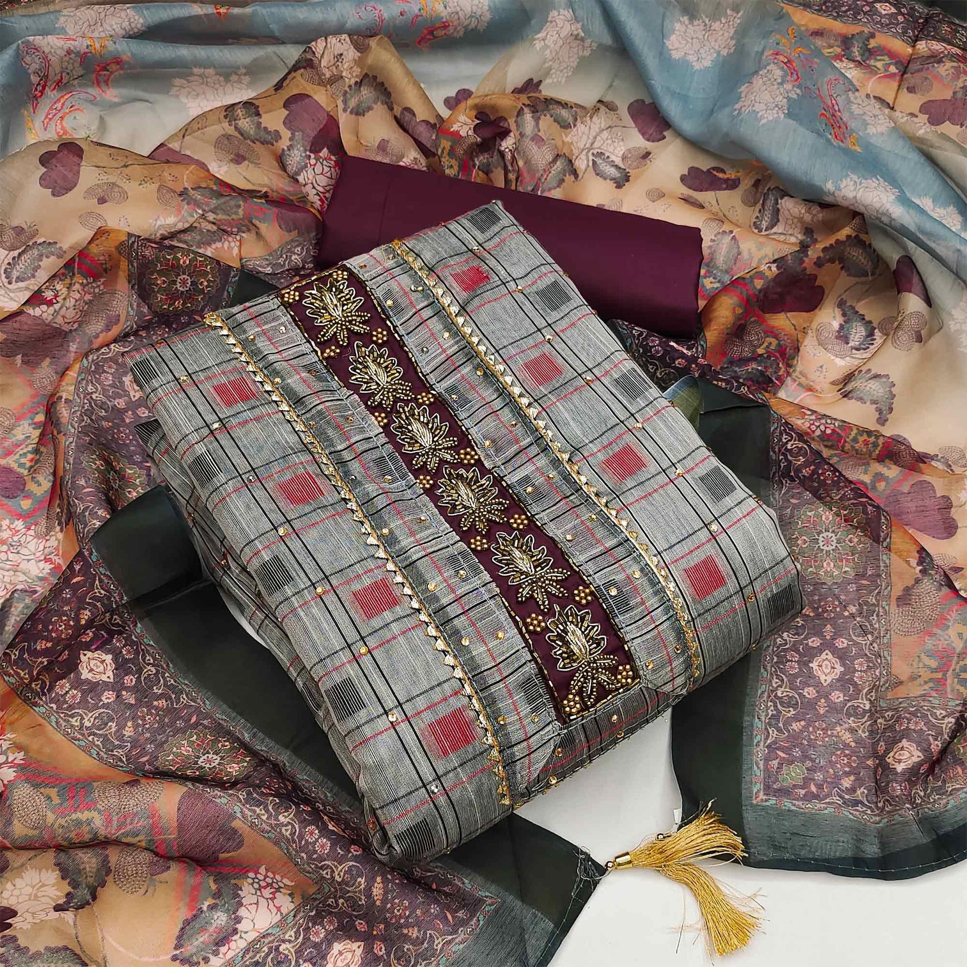 grey-casual-wear-embellished-with-checks-chanderi-dress-material-130553
