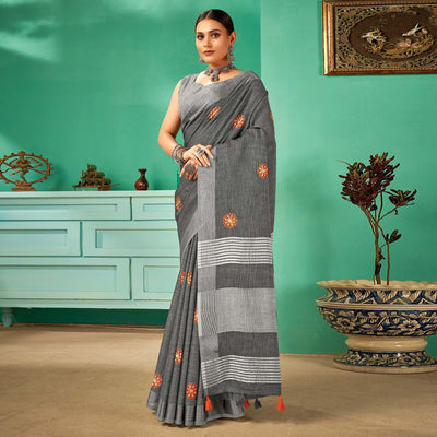 grey-casual-wear-embroidered-linen-saree-134683